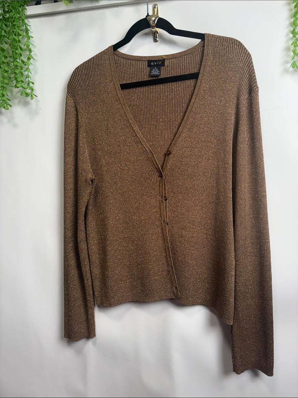 EVIE Brown Metallic V-Neck Button-Up Sweater